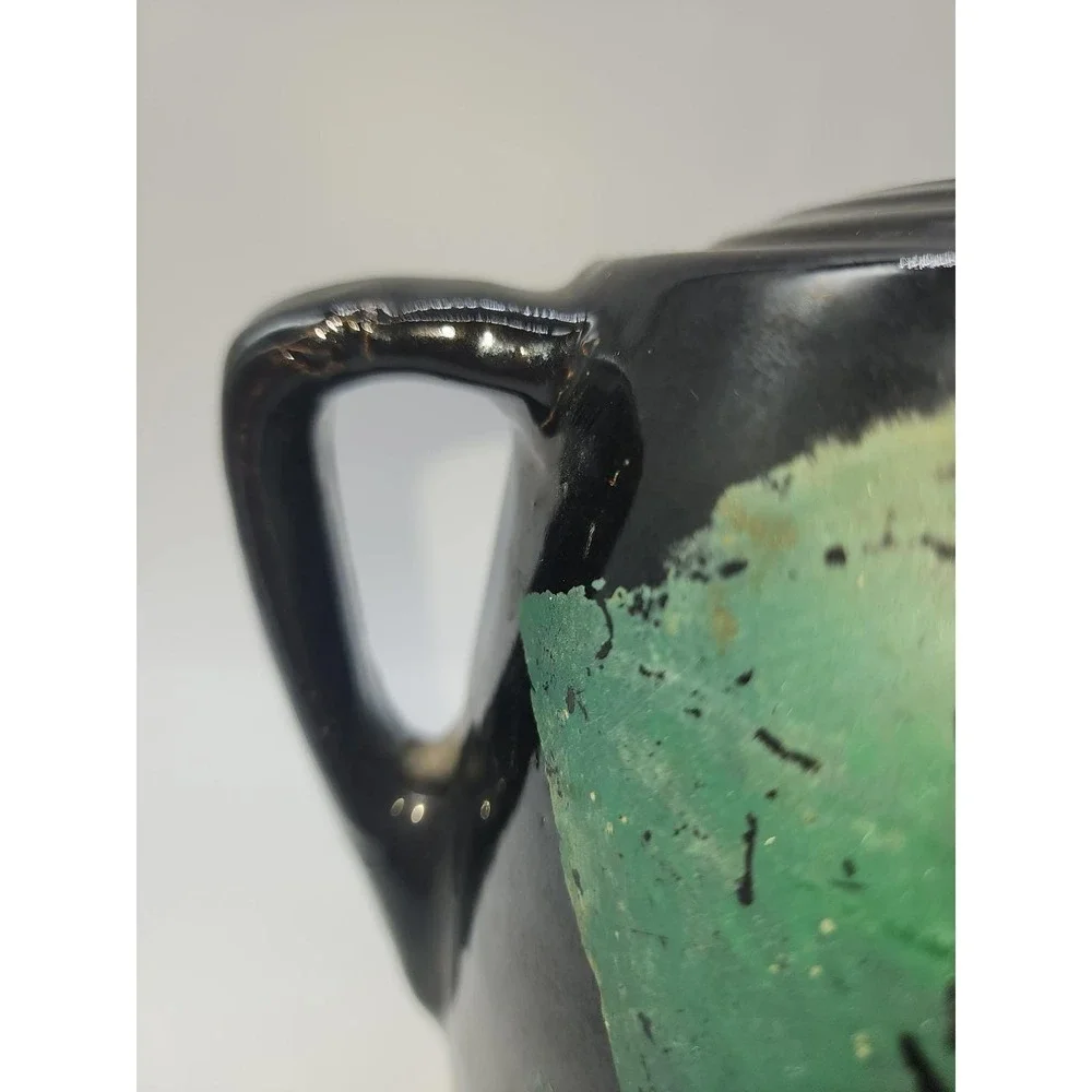 Vintage Black Ceramic Hand Painted Grape Bean Pot Cookie Jar with Lid 2 Handle